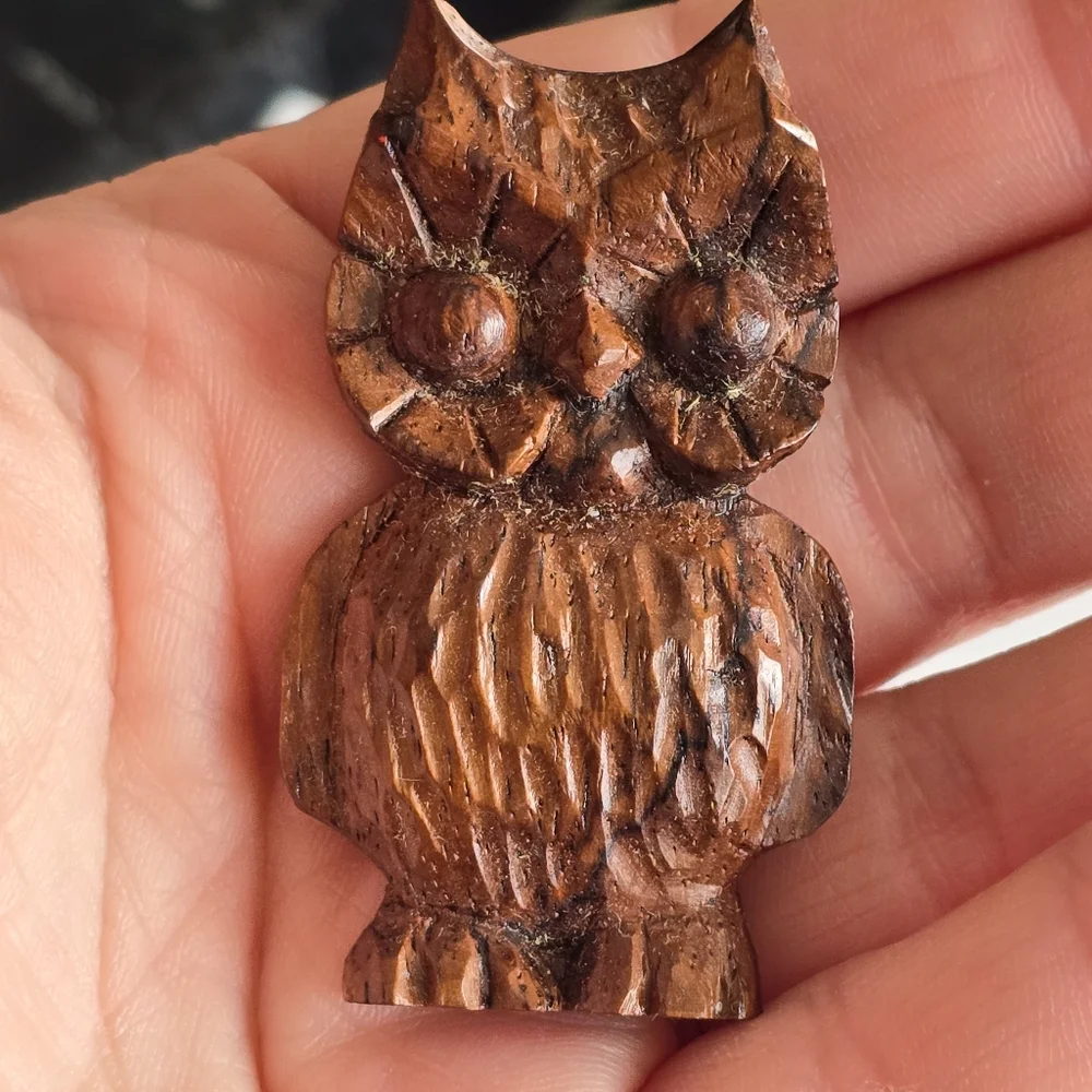 Vintage owl brooch carved wood bird brown cottage cottagecore pin